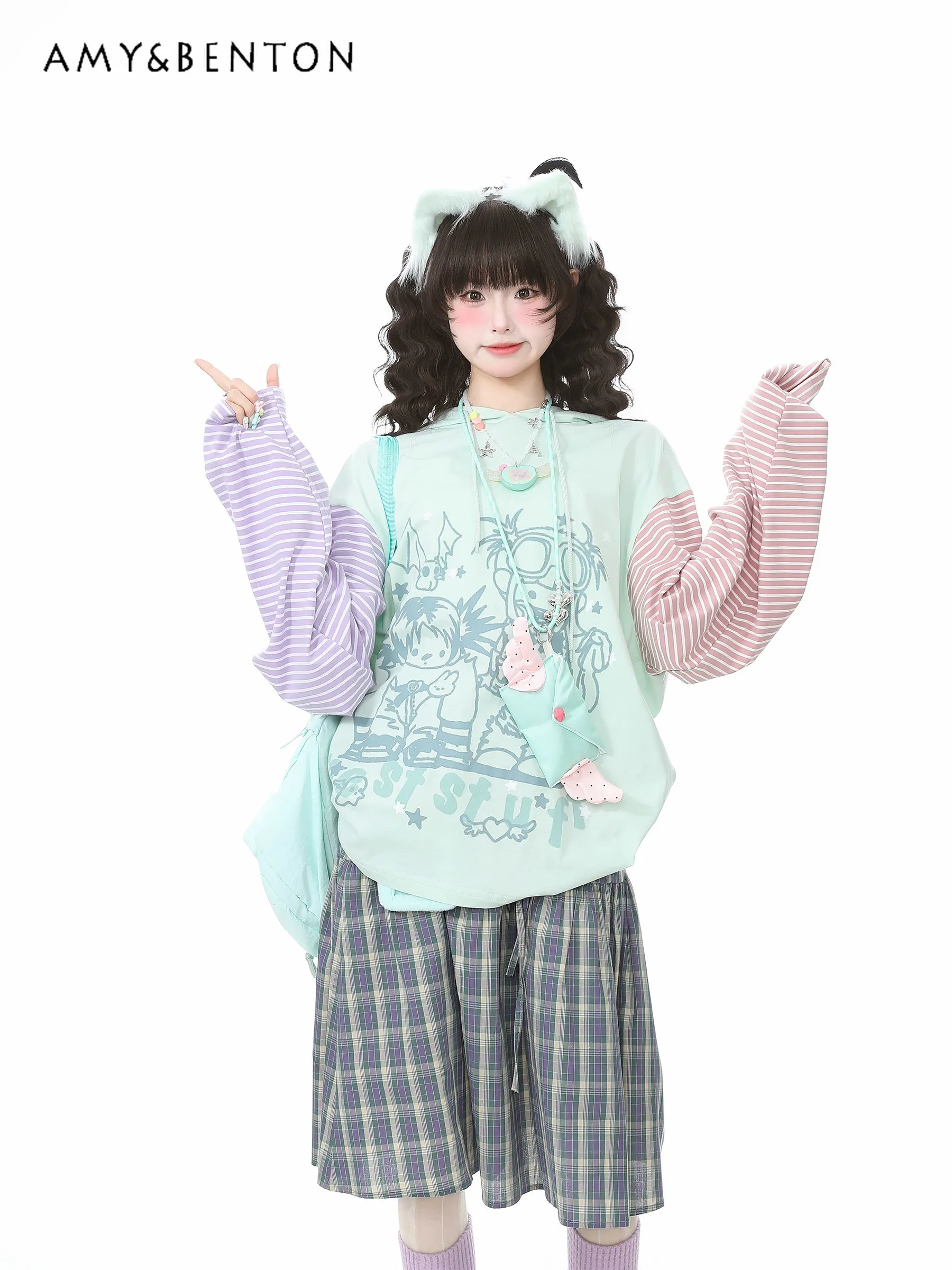 Spring Autumn New Japanese Subculture Women Green Cartoon Girl Print Loose Hooded Bunny Ear Striped Long Sleeve Sweatshirt
Spring Autumn New Japanese Subculture Women Green Cartoon Girl Print Loose Hooded Bunny Ear Striped Long Sleeve Sweatshirt