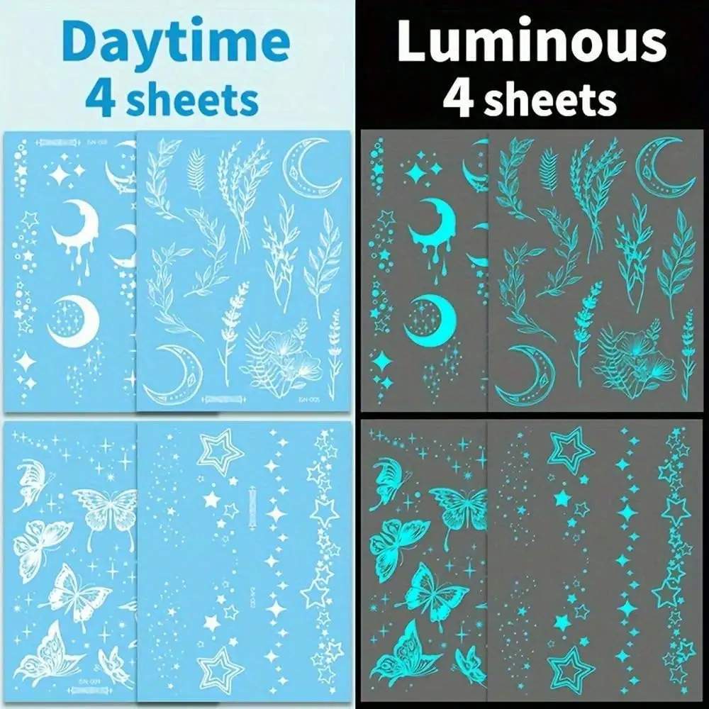 4 Sheets Blue Luminous Moon/Stars/Butterfly/Flower Tattoo Stickers For Women, White Design Fake Bracelet Necklace Tattoos For Face Chest Arm Hand Finger, Glow In The Dark, Wedding & Nightclub & Music Festival Party Favor Decor Supplies Gifts For Eid
4 Sheets Blue Luminous Moon/Stars/Butterfly/Flower Tattoo Stickers For Women, White Design Fake Bracelet Necklace Tattoos For Face Chest Arm Hand Finger, Glow In The Dark, Wedding & Nightclub & Music Festival Party Favor Decor Supplies Gifts For Eid