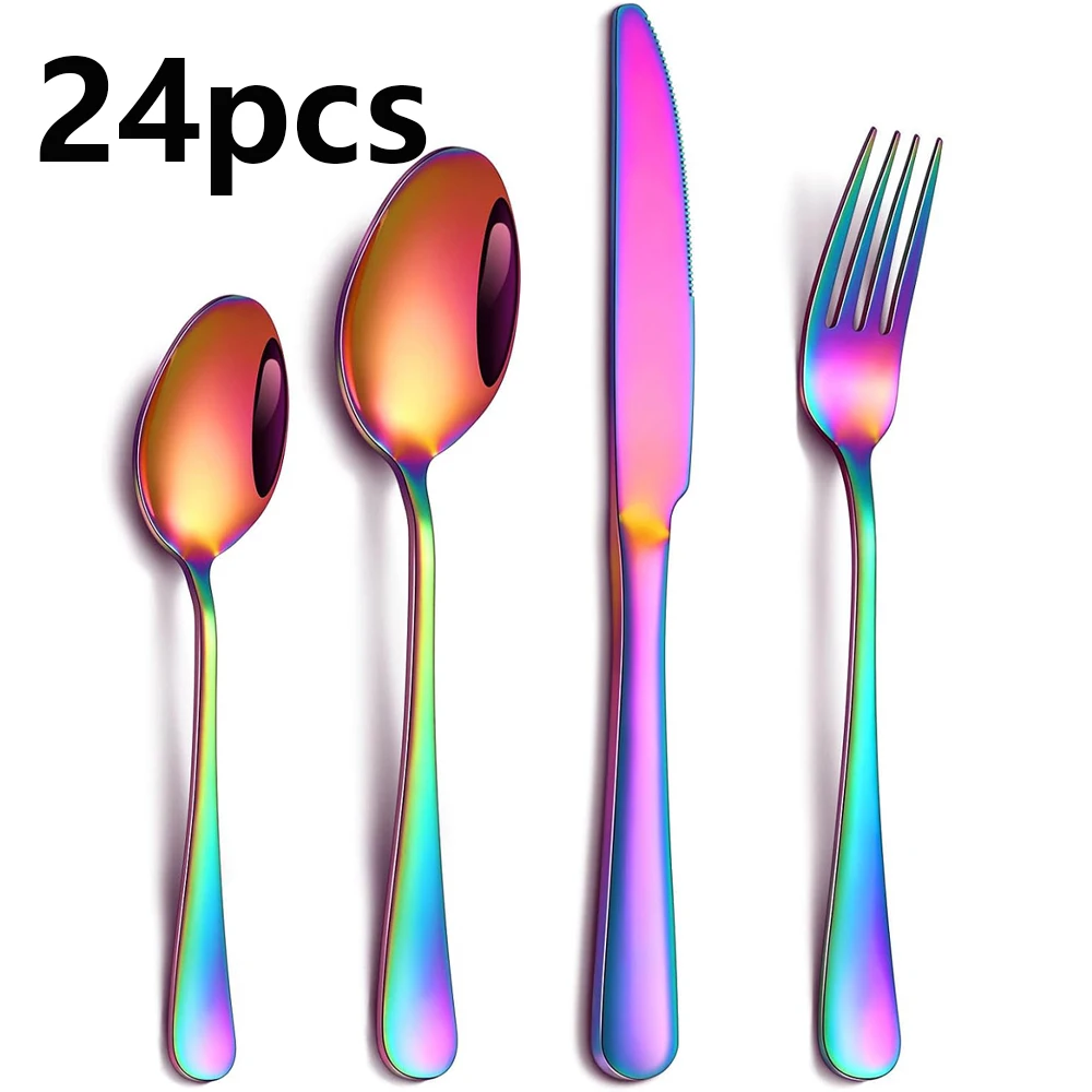 24pcs Stainless Steel Flatware Set Spoon Fork Knife Teaspoon Mirror Polished Rainbow Cutlery Set for 6 People
24pcs Stainless Steel Flatware Set Spoon Fork Knife Teaspoon Mirror Polished Rainbow Cutlery Set for 6 People