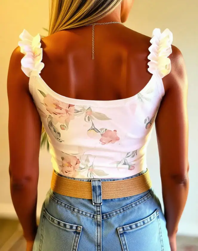 2026 Spring/summer New Watercolor Printed U-Neck Ruffle Tank Top, Slim Fit Backless Top
2026 Spring/summer New Watercolor Printed U-Neck Ruffle Tank Top, Slim Fit Backless Top