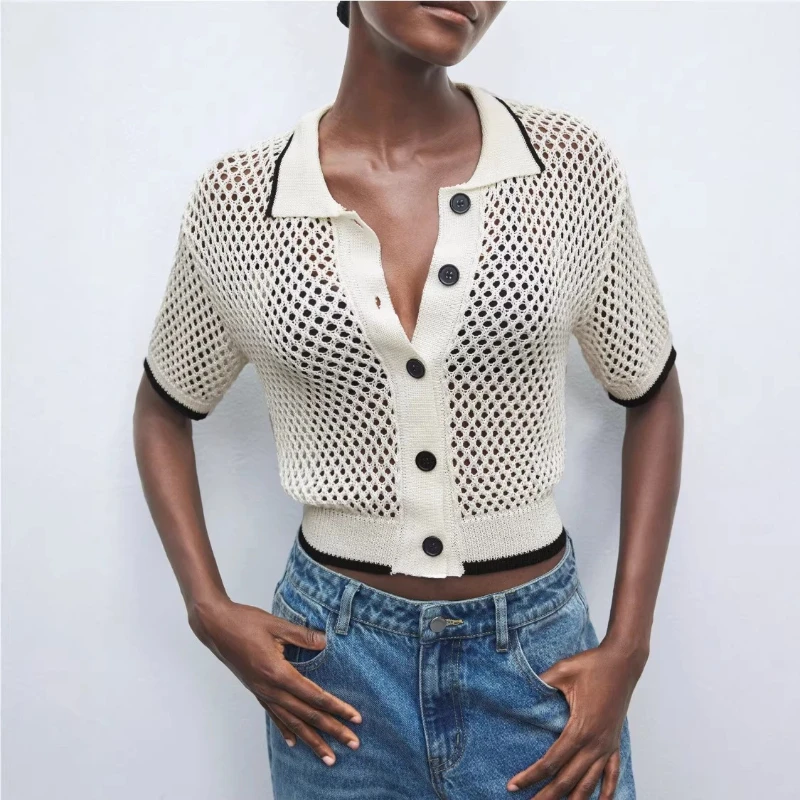 2026 Summer New Hollow Knitted Sweater with Flip Collar and Contrast Color Short Cardigan Sweater for Women
2026 Summer New Hollow Knitted Sweater with Flip Collar and Contrast Color Short Cardigan Sweater for Women