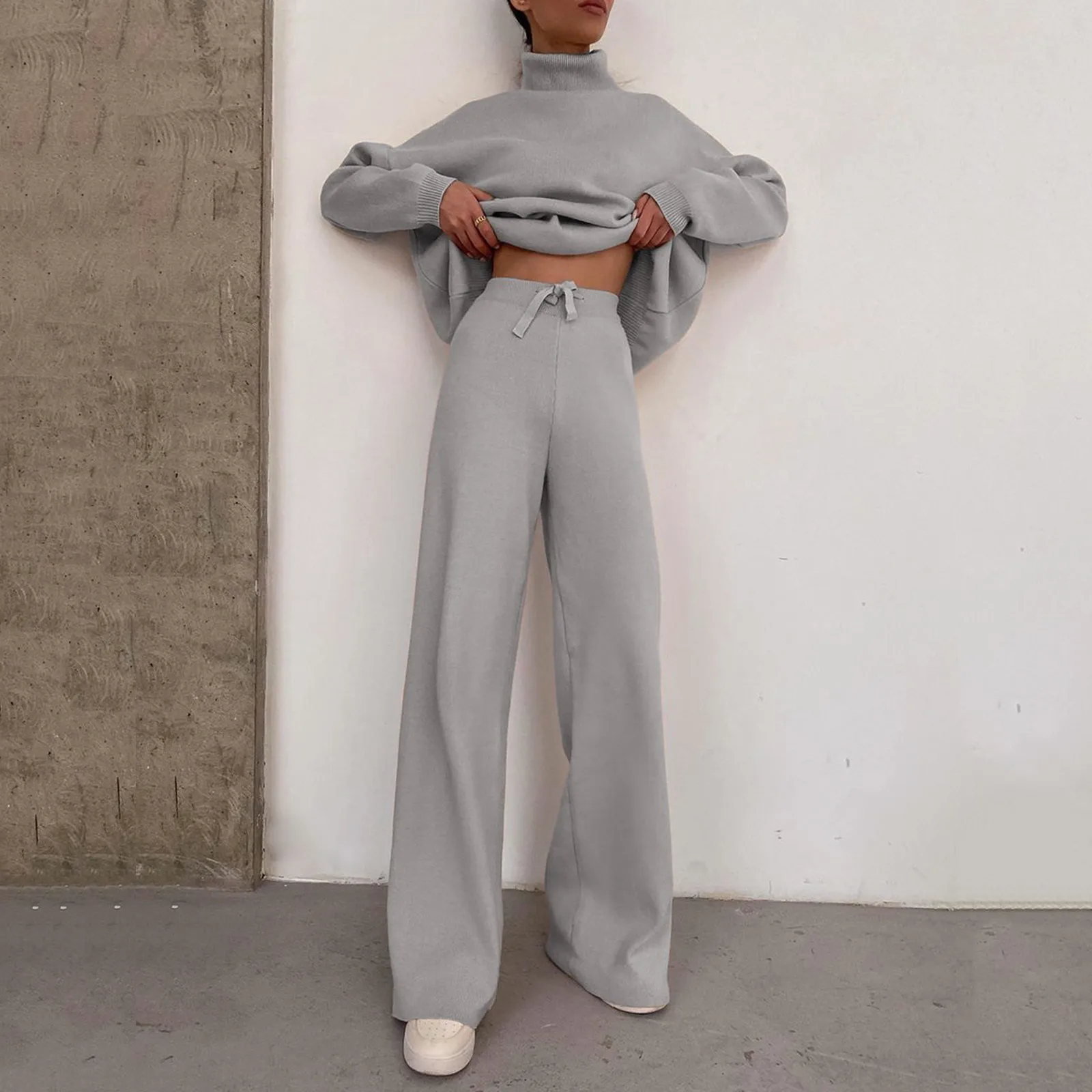 2023 Autumn Winter 2 Pieces Turtleneck Sweater and Wide Leg Pants Set Women Long Sleeve Grey Pullovers Female Knitted Trousers
2023 Autumn Winter 2 Pieces Turtleneck Sweater and Wide Leg Pants Set Women Long Sleeve Grey Pullovers Female Knitted Trousers
