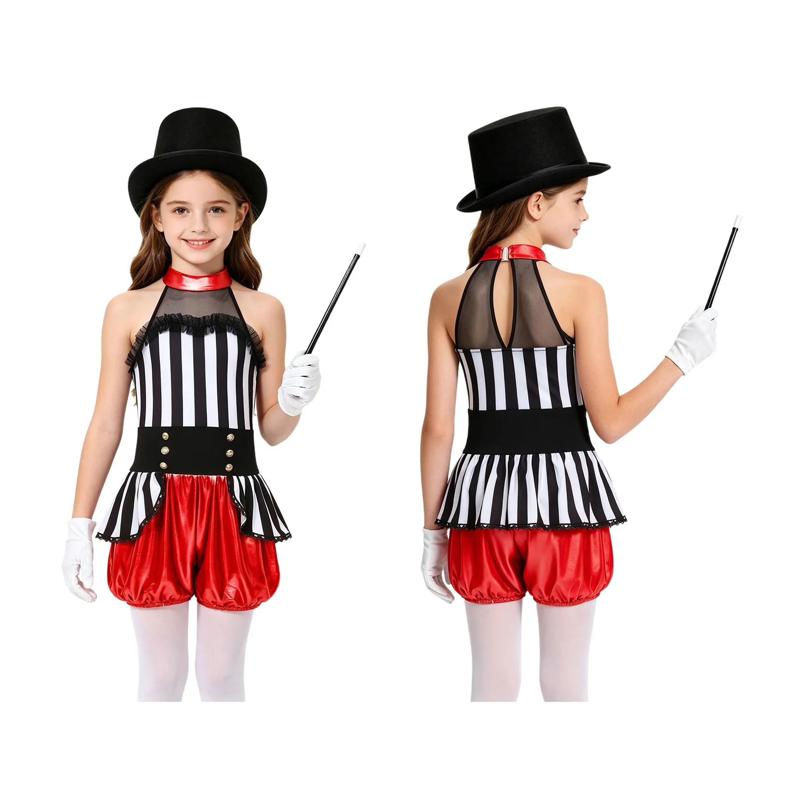 Kids Ringmaster Costume Set 4 Pieces Sleeveless Metallic Jumpsuit Patchwork Waist Overlay with Wand Hat Gloves for Circus Theme
Kids Ringmaster Costume Set 4 Pieces Sleeveless Metallic Jumpsuit Patchwork Waist Overlay with Wand Hat Gloves for Circus Theme