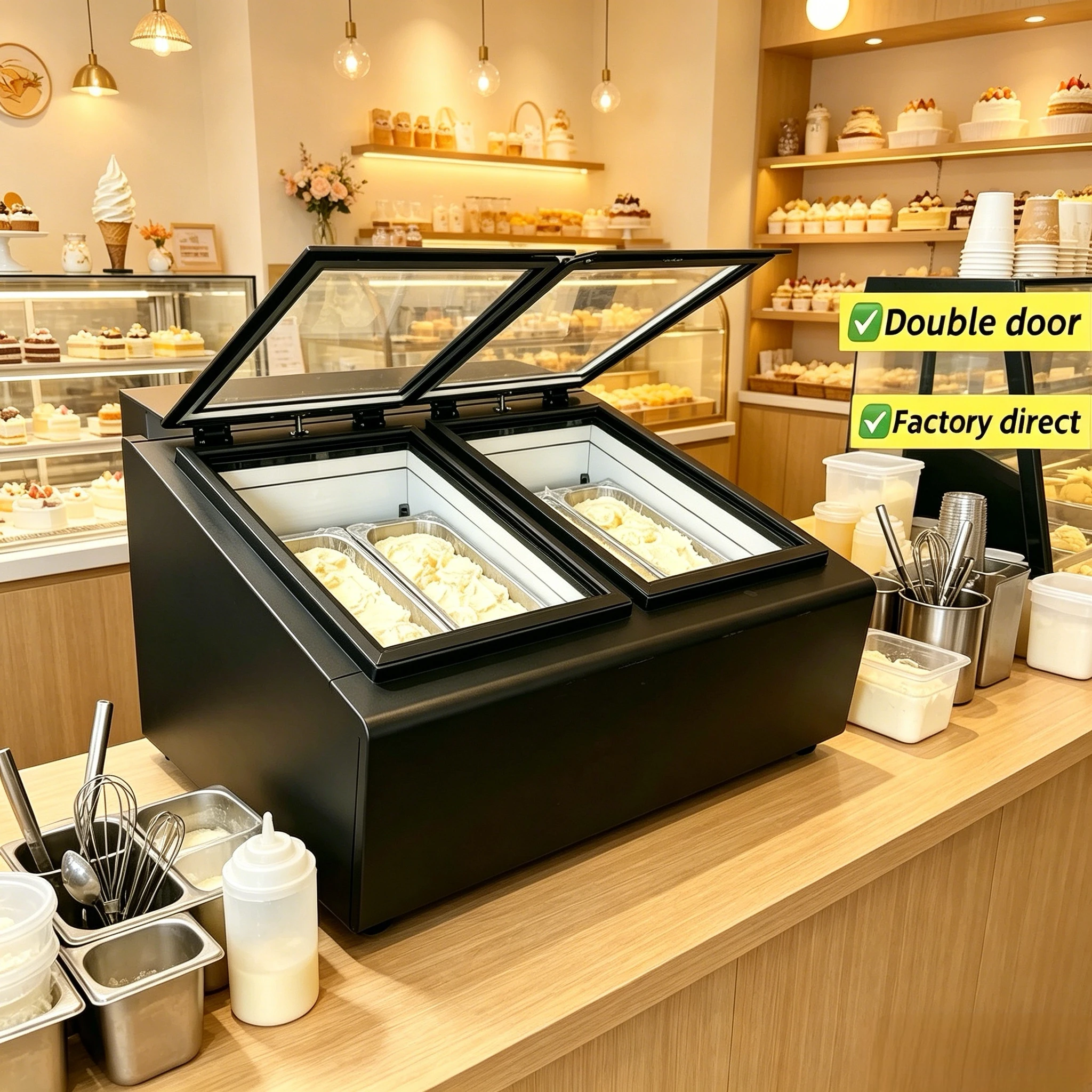 Rapid Cooling Commercial Double Glass Door Ice Cream Showcase 56L Gelato Freezer With Stainless Steel Pans Included
Rapid Cooling Commercial Double Glass Door Ice Cream Showcase 56L Gelato Freezer With Stainless Steel Pans Included