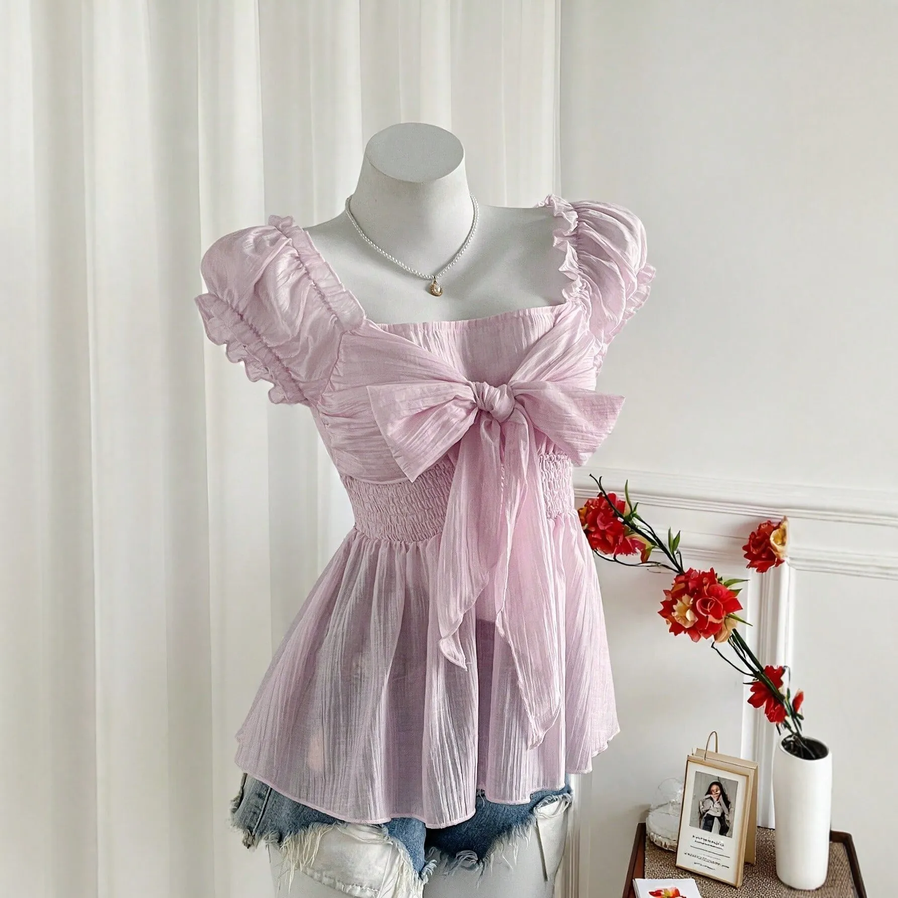 Summer Women's Clothing Slimming Bow Ruffle Short Sleeve Blouse Top Polyester Square Neck Sleeve Crop
Summer Women's Clothing Slimming Bow Ruffle Short Sleeve Blouse Top Polyester Square Neck Sleeve Crop