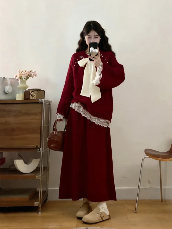 Red Lace Trim Sweater And Skirt Set Christmas New Year Large Size Women's Fashion Two Piece Suit Commute Style High Waist Lon...
Red Lace Trim Sweater And Skirt Set Christmas New Year Large Size Women's Fashion Two Piece Suit Commute Style High Waist Lon...
