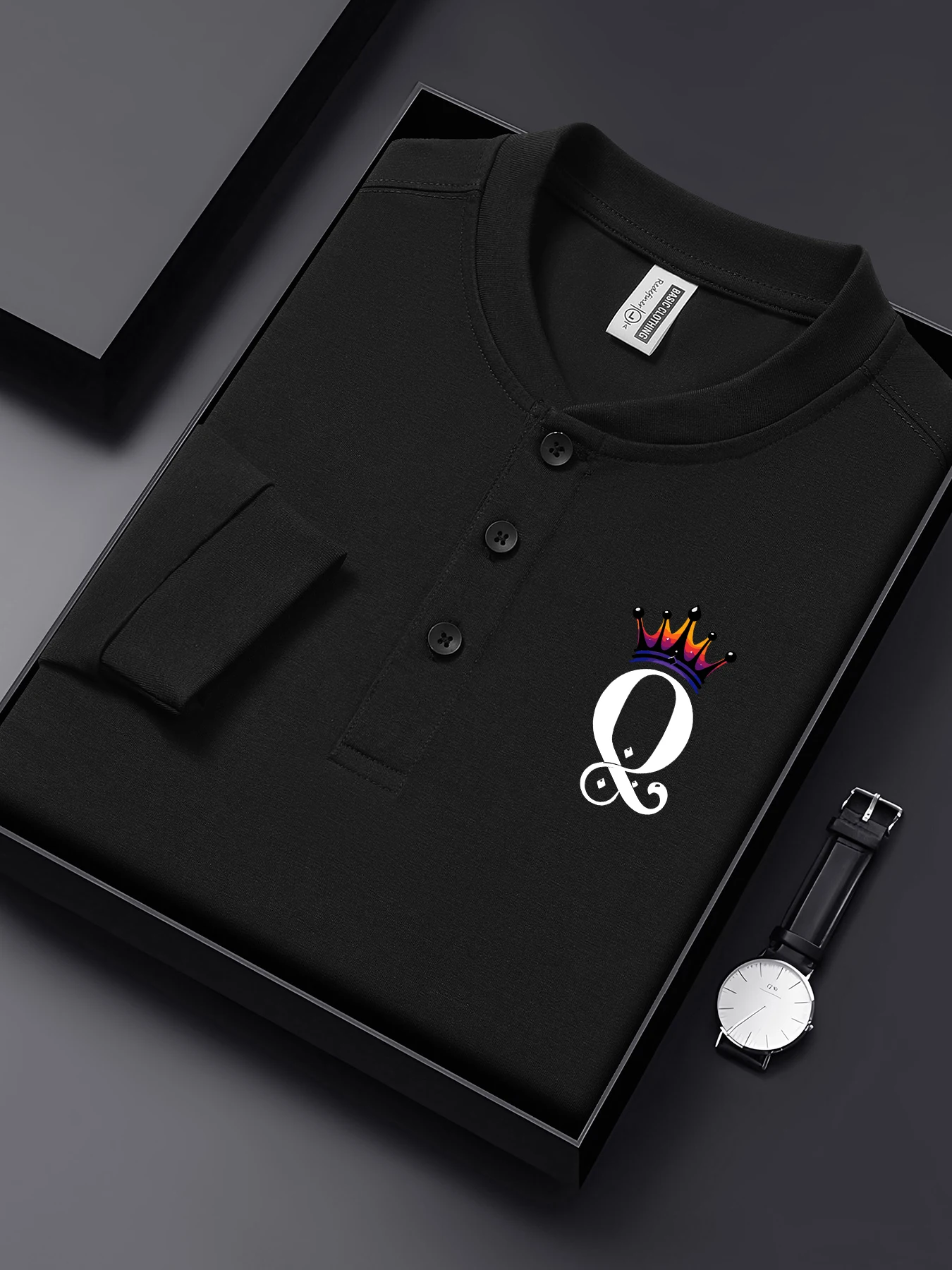 Мужские рубашки на пуговицах с простым принтом Crown Letter Q, универсальная базовая рубашка в стиле хип-хоп, хлопковая одежда с вырезом Генри, повседневная одежда с длинными рукавами 
Мужские рубашки на пуговицах с простым принтом Crown Letter Q, универсальная базовая рубашка в стиле хип-хоп, хлопковая одежда с вырезом Генри, повседневная одежда с длинными рукавами