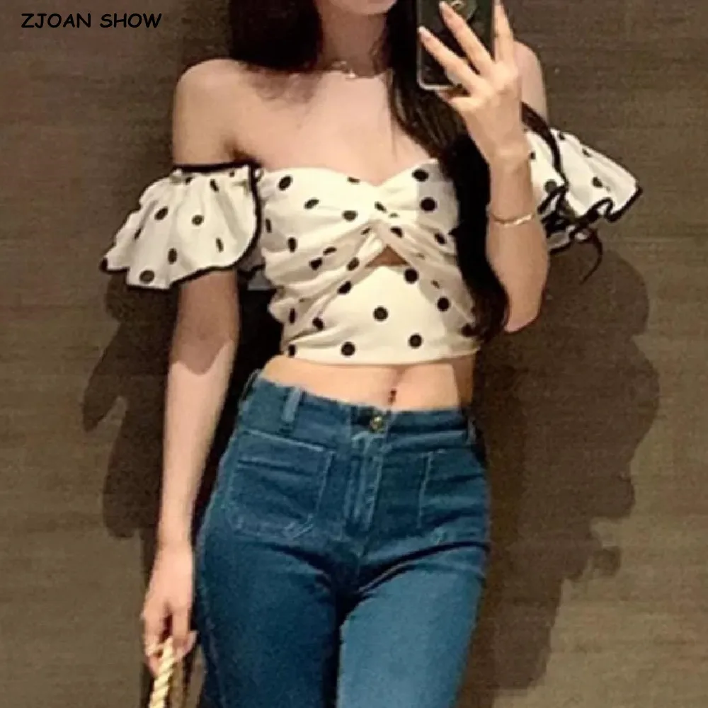 2025 White Black Polka Dot Cross Bow Chest Ruffles Off Shoulder Camisole Women Summer Elastic Back Tank Tops Girl Slim Crop Top
2025 White Black Polka Dot Cross Bow Chest Ruffles Off Shoulder Camisole Women Summer Elastic Back Tank Tops Girl Slim Crop Top