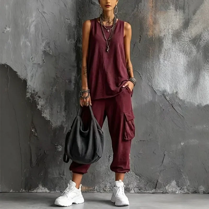 Vintage Women Casual 2 Piece Set Wine Red Sleeveless Tank Top Cargo Pants Outdoor solid color Loungewear Streetwear Outfit 2026
Vintage Women Casual 2 Piece Set Wine Red Sleeveless Tank Top Cargo Pants Outdoor solid color Loungewear Streetwear Outfit 2026