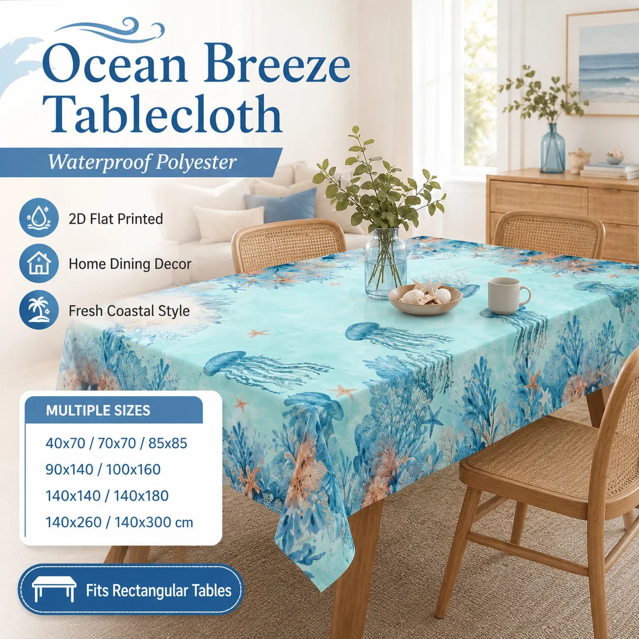 2026 Spring Summer Ocean Jellyfish Tablecloth Waterproof Polyester 2D Flat Printed Table Cover Coastal Home Dining Room Decor
2026 Spring Summer Ocean Jellyfish Tablecloth Waterproof Polyester 2D Flat Printed Table Cover Coastal Home Dining Room Decor