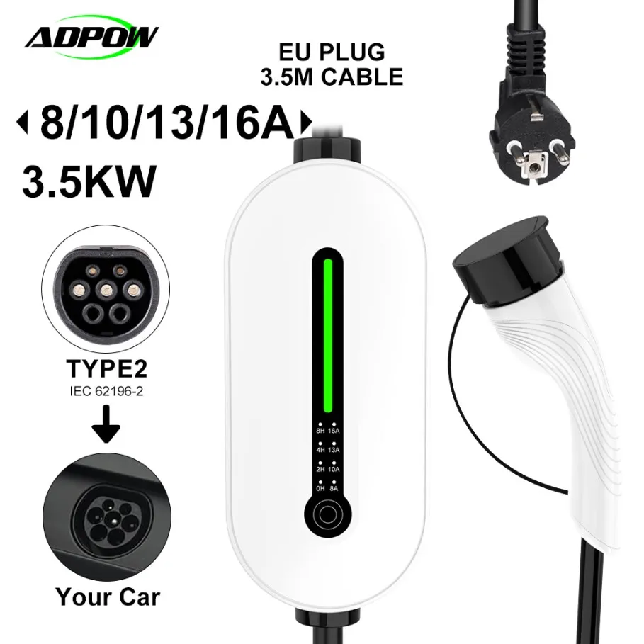 ADPOW 3.5KW EV Portable Charger Type2 / GB/T Plug Connector 16A 1Phase Type1 EVSE Charging 8A-10A-13A-16A Current Adjustable
ADPOW 3.5KW EV Portable Charger Type2 / GB/T Plug Connector 16A 1Phase Type1 EVSE Charging 8A-10A-13A-16A Current Adjustable