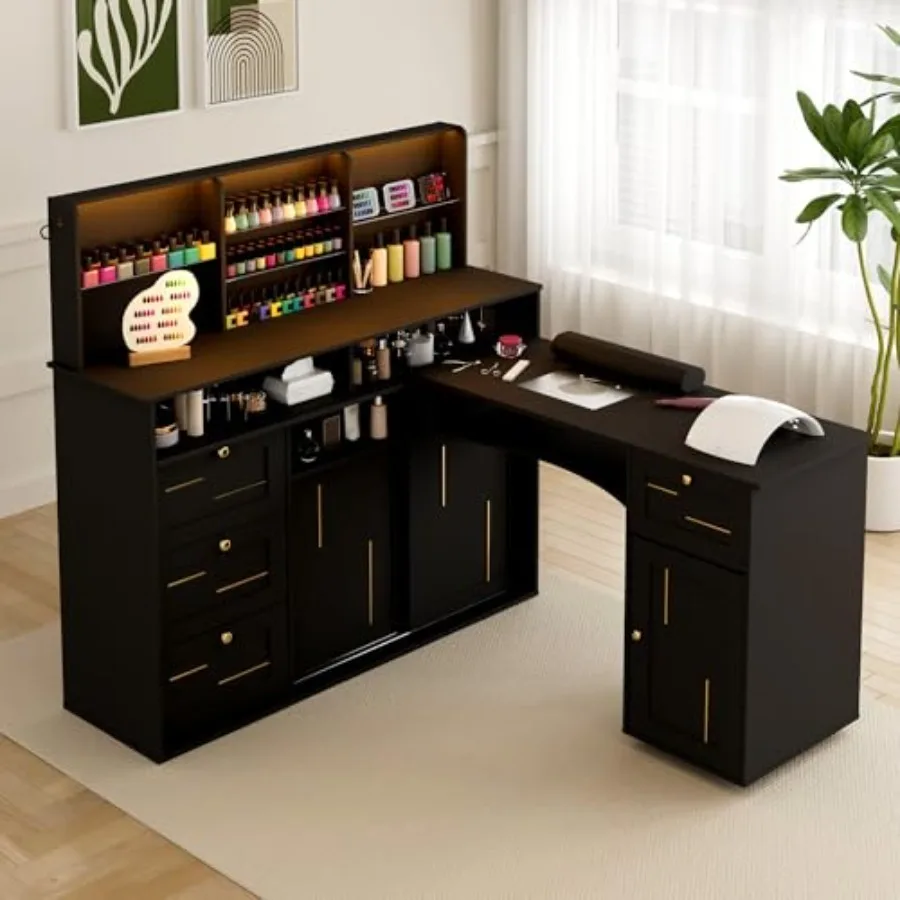 Manicure Table with Dust Collector, L-Shaped Nail Desk with Mobile Desktop, LED Light, Glass Display Rack, Storage Cabinets and
Manicure Table with Dust Collector, L-Shaped Nail Desk with Mobile Desktop, LED Light, Glass Display Rack, Storage Cabinets and