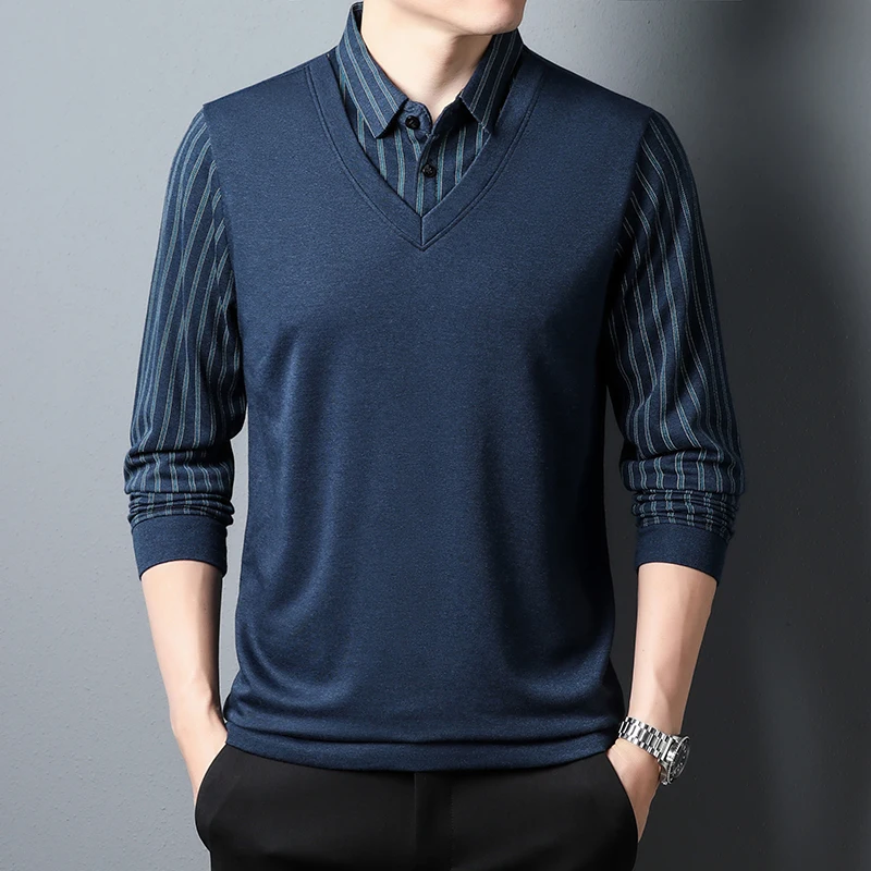 Fake Two Pieces Knitted Patchwork Shirts 2024 Spring Autumn Long Sleeve Men's Clothing Business Casual Striped Polo-Neck Shirts
Fake Two Pieces Knitted Patchwork Shirts 2024 Spring Autumn Long Sleeve Men's Clothing Business Casual Striped Polo-Neck Shirts