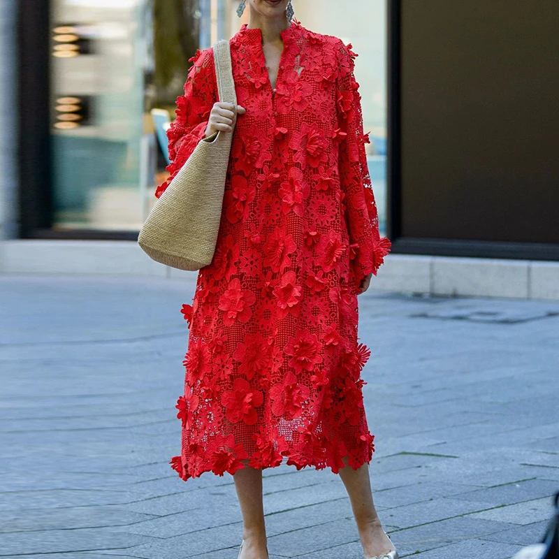 Casual Solid Color Button Maxi Dress Flower Hollow Out Loose Women's Party Dress Sexy V Neck Long Sleeved Autumn Dress Vestidos
Casual Solid Color Button Maxi Dress Flower Hollow Out Loose Women's Party Dress Sexy V Neck Long Sleeved Autumn Dress Vestidos