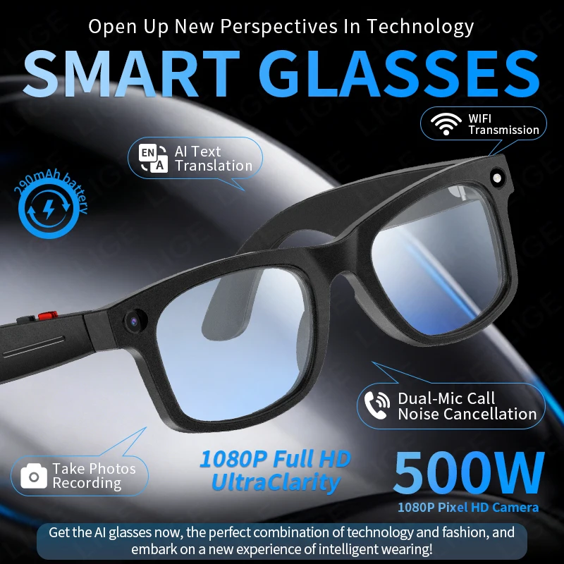 LIGE Smart AI Glasses With 5MP Camera 1080P HD Video Recording Voice Assistant Chat Translation Bluetooth Call Music Sunglasses
LIGE Smart AI Glasses With 5MP Camera 1080P HD Video Recording Voice Assistant Chat Translation Bluetooth Call Music Sunglasses