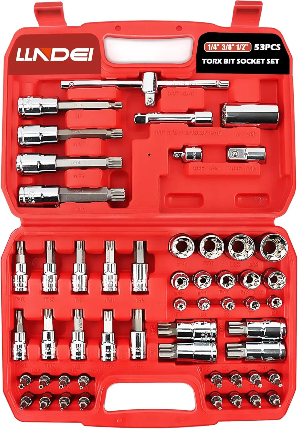 53PCS 1/4 3/8 1/2-Inch Socket Set with Torx E-Torx Extra Long Spline Tips, Tamper Proof, CR-V (T8-T70, TT8-TT70, E4-E24, M8-M14)
53PCS 1/4 3/8 1/2-Inch Socket Set with Torx E-Torx Extra Long Spline Tips, Tamper Proof, CR-V (T8-T70, TT8-TT70, E4-E24, M8-M14)
