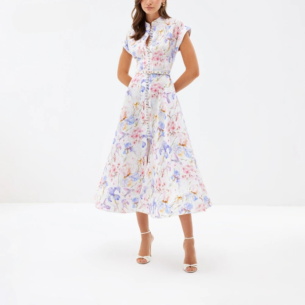 Printing Patchwork Sashes Midi Dress For Women Stand Collar Flying Sleeve High Waist Spliced Single Breasted Dresses Female
Printing Patchwork Sashes Midi Dress For Women Stand Collar Flying Sleeve High Waist Spliced Single Breasted Dresses Female