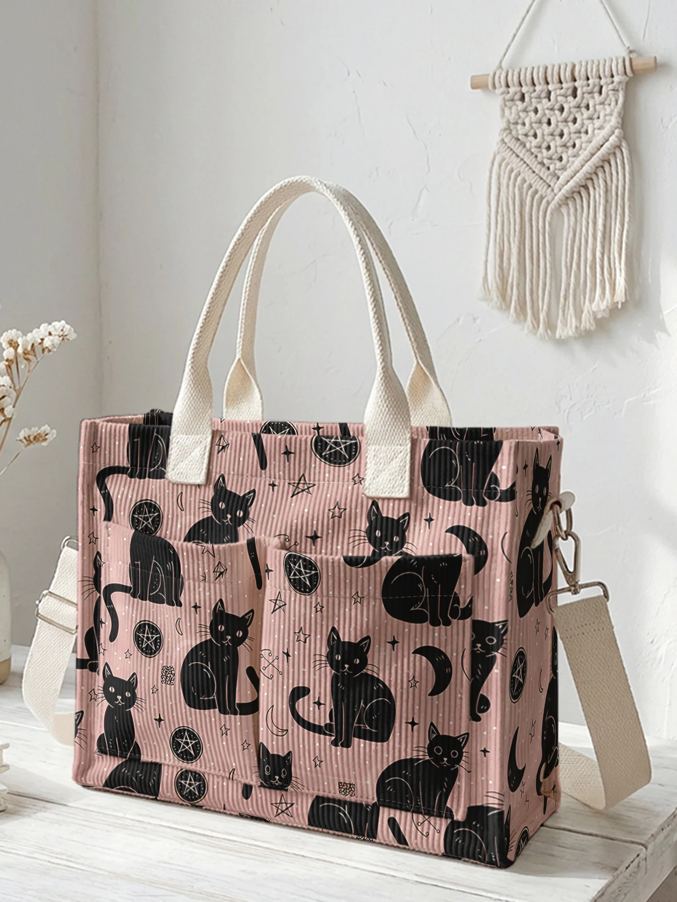 Pink Black Cat & Celestial Print Corduroy Tote Bag Large Capacity Multi Pocket Cat Lover Commuter Shoulder Bag
Pink Black Cat & Celestial Print Corduroy Tote Bag Large Capacity Multi Pocket Cat Lover Commuter Shoulder Bag