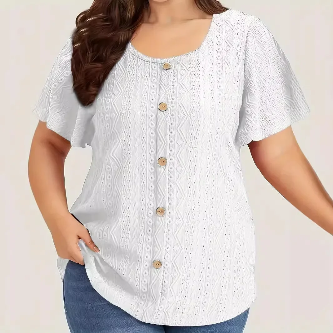 5XL Plus Size 2025 New Summer Women T Shirt Elegant Casual Solid Short Sleeve Shirt Ladies Hollow Out Loose Button Top Tee Shirt
5XL Plus Size 2025 New Summer Women T Shirt Elegant Casual Solid Short Sleeve Shirt Ladies Hollow Out Loose Button Top Tee Shirt