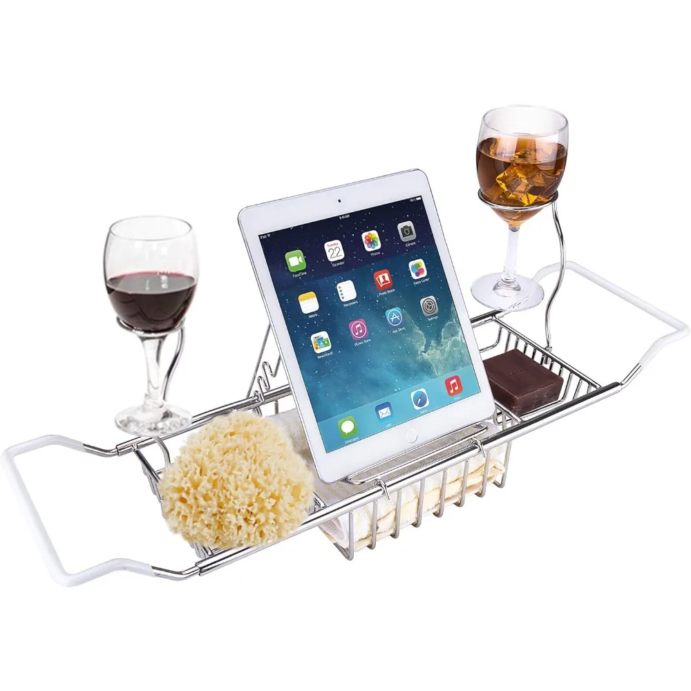 Adjustable Stainless Steel Bathtub Caddy Tray with Extending Sides and Removable Holders for Wine Glass and Book
Adjustable Stainless Steel Bathtub Caddy Tray with Extending Sides and Removable Holders for Wine Glass and Book