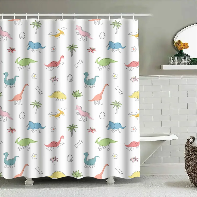 Dinosaur-themed shower curtain with colorful cartoon dinosaurs perfect for kids' bathrooms! Made from durable waterproof fabric,
Dinosaur-themed shower curtain with colorful cartoon dinosaurs perfect for kids' bathrooms! Made from durable waterproof fabric,