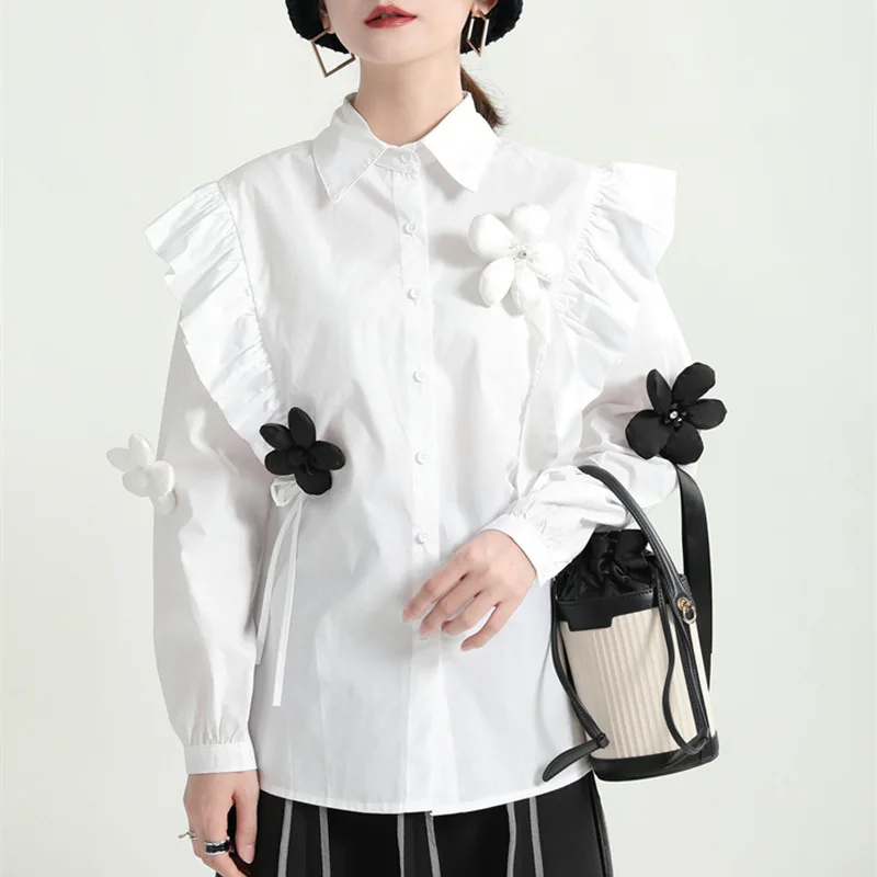 2024 new three-dimensional small flower lotus edge design shirt women's lapel draw rope to show thin white top
2024 new three-dimensional small flower lotus edge design shirt women's lapel draw rope to show thin white top