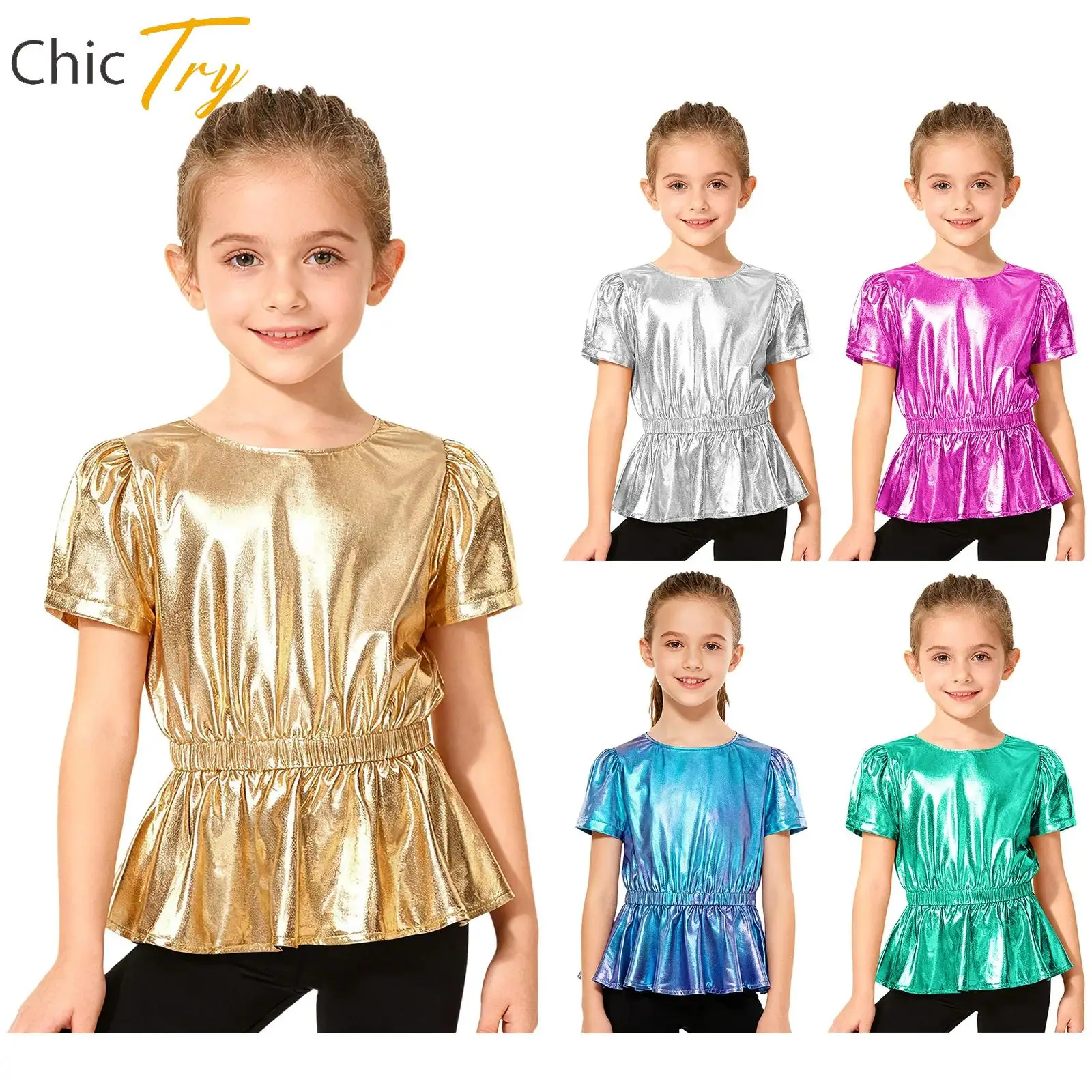 Girls Jazz Hip Hop Dance Costume Metallic Peplum Tops Short Sleeve T-shirt Children Cheerleading Uniform Performance Costumes
Girls Jazz Hip Hop Dance Costume Metallic Peplum Tops Short Sleeve T-shirt Children Cheerleading Uniform Performance Costumes
