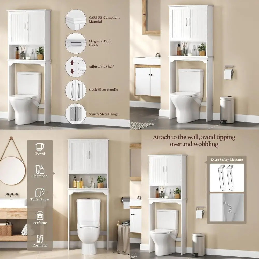 White Double Door Over Toilet Storage Cabinet with Adjustable and Open Shelves
White Double Door Over Toilet Storage Cabinet with Adjustable and Open Shelves