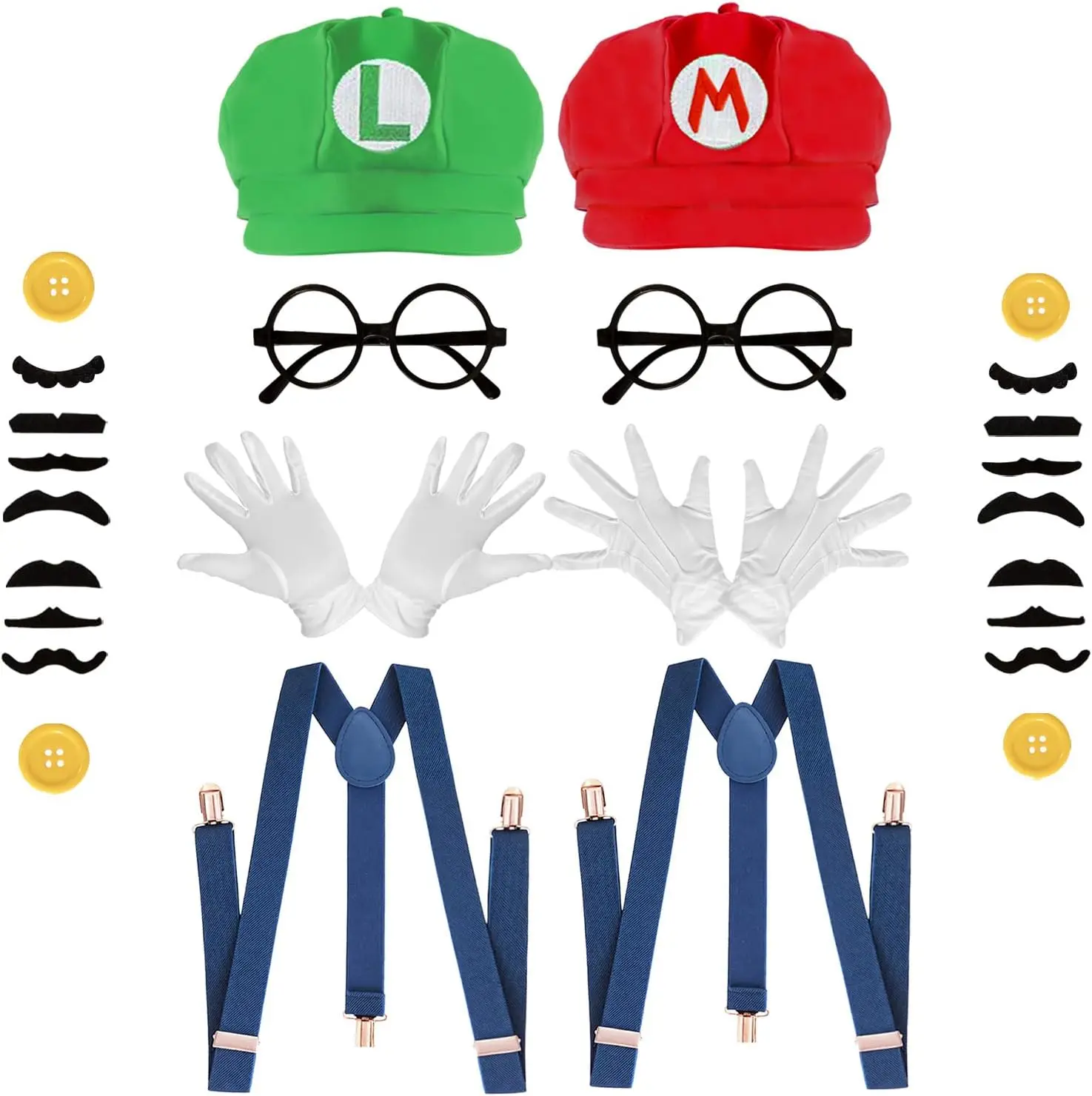 Complete Super Bros Costume Set: Hat, Mustache, Suspenders, Gloves, Buttons & Glasses for Halloween Cosplay
Complete Super Bros Costume Set: Hat, Mustache, Suspenders, Gloves, Buttons & Glasses for Halloween Cosplay