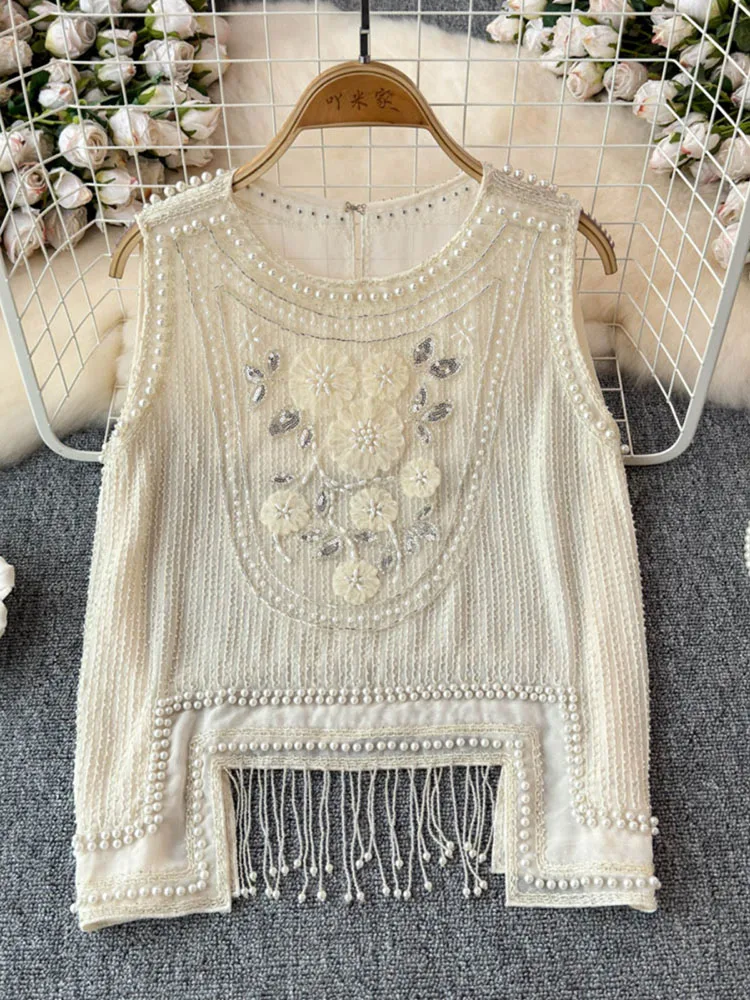 Women's Solid Color Sleeveless Beading Sequined Embroidery Chiffon Shirt 2025 Spring Summer Fashion Loose Elegant Vest
Women's Solid Color Sleeveless Beading Sequined Embroidery Chiffon Shirt 2025 Spring Summer Fashion Loose Elegant Vest