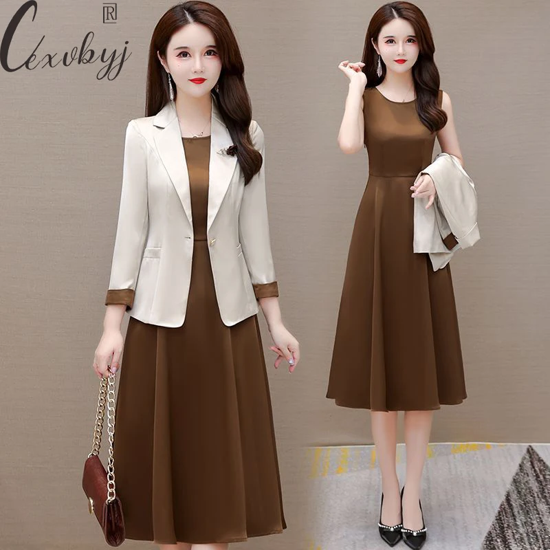 Korean 2 Peice Dress Set Women Single Button Blazer Jacket+Sleeveless Midi Dress Vintage Outfits Office Lady Satin Elegant Sui
Korean 2 Peice Dress Set Women Single Button Blazer Jacket+Sleeveless Midi Dress Vintage Outfits Office Lady Satin Elegant Sui
