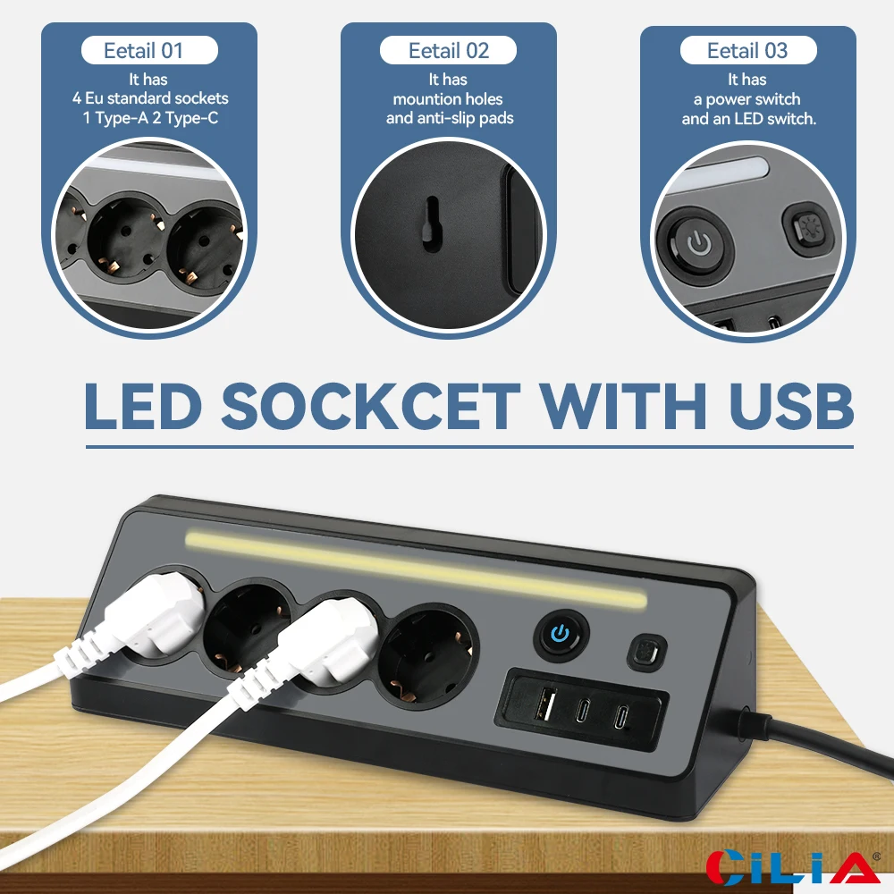 섬모 전원 스트립, 다중 벽 플러그, 콘센트 분배기, 전기 소켓, 1usb,2C, 4 AC,1.4M 케이블 홈, 조리대