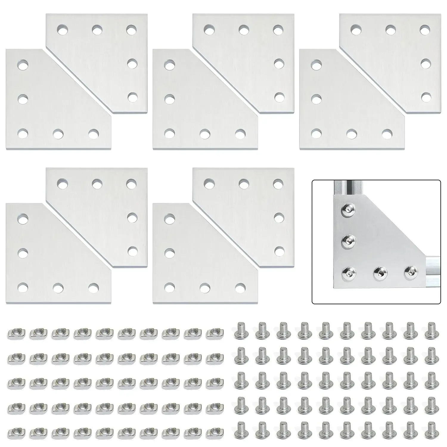 10pcs Aluminum Alloy T-Slot L-Join Plate and 50pcs M5x8 Hex Screws and 50pcs T-Nuts for 2020 Series Aluminum Profiles
10pcs Aluminum Alloy T-Slot L-Join Plate and 50pcs M5x8 Hex Screws and 50pcs T-Nuts for 2020 Series Aluminum Profiles
