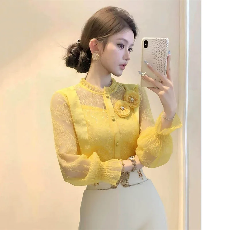 Three Dimensional Flower Chiffon Shirt Women's Shirts Top 2026 Spring Summer Autumn New High-end Yellow Satin Lace Blouse
Three Dimensional Flower Chiffon Shirt Women's Shirts Top 2026 Spring Summer Autumn New High-end Yellow Satin Lace Blouse