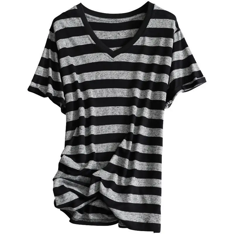 Fashion V-Neck Short Sleeve Spliced Striped T-Shirts Women's Clothing Summer New Loose Casual Tops All-match Tee Shirt
Fashion V-Neck Short Sleeve Spliced Striped T-Shirts Women's Clothing Summer New Loose Casual Tops All-match Tee Shirt