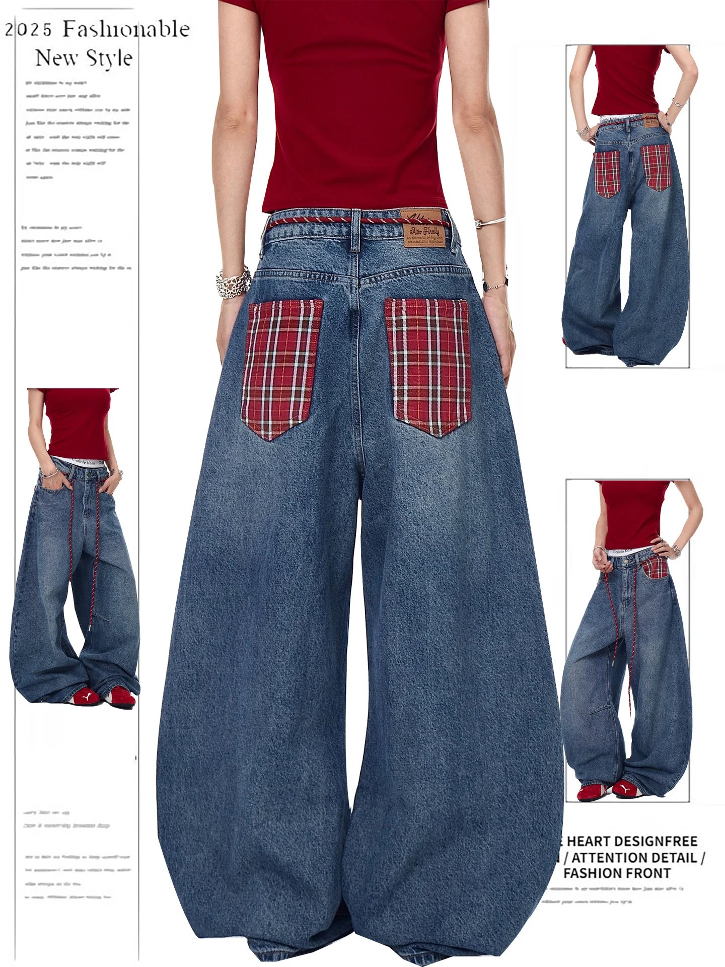 American Retro Plaid ket Splicing Denim Pants Women's Loose Wide Leg Pants Autumn New Design Casual High Waist Jeans
American Retro Plaid ket Splicing Denim Pants Women's Loose Wide Leg Pants Autumn New Design Casual High Waist Jeans