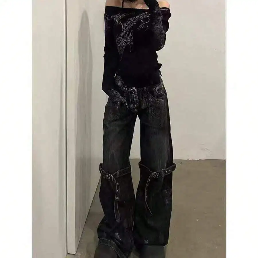 Black High Waist Wide Leg Baggy Denim Jeans With Belted Straps Women Casual Pants
Black High Waist Wide Leg Baggy Denim Jeans With Belted Straps Women Casual Pants