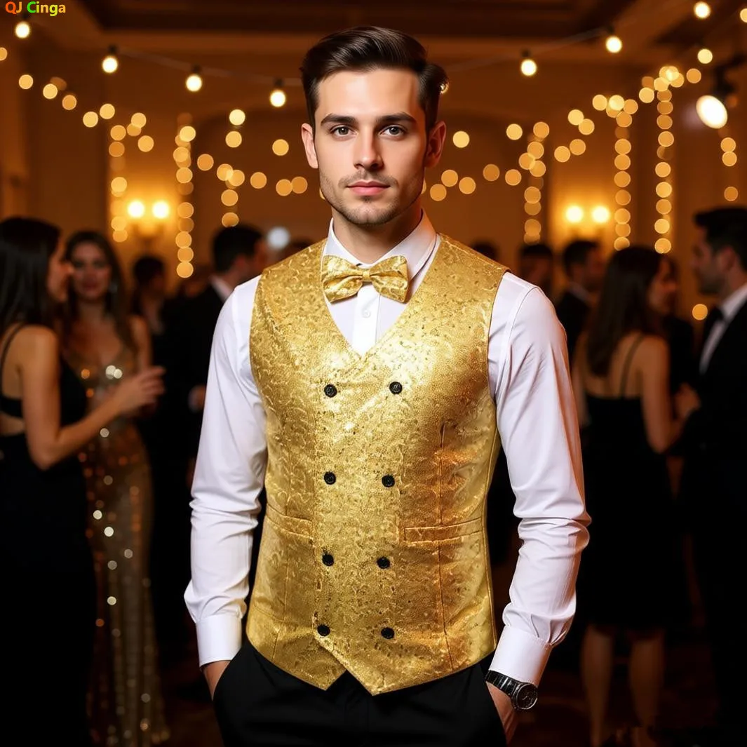 Men's Gold Sleeveless Blazer, Round Sequin-embellished Blazer Jacket, Perfect for Weddings, Parties, DJ Events, and Nightclubs.
Men's Gold Sleeveless Blazer, Round Sequin-embellished Blazer Jacket, Perfect for Weddings, Parties, DJ Events, and Nightclubs.