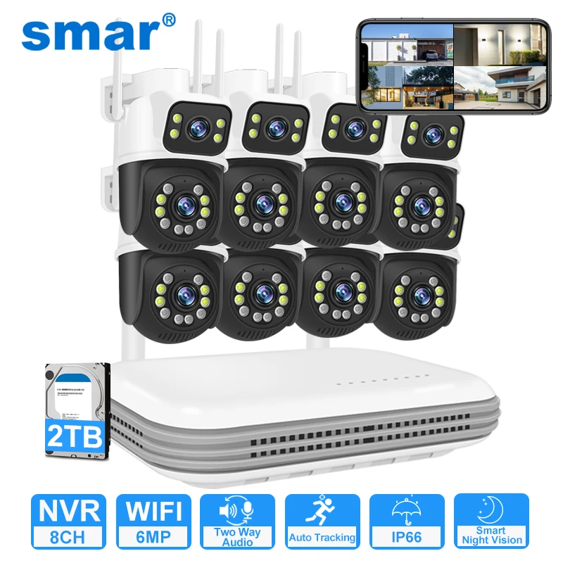 Smar 8CH 6MP Wireless PTZ Camera Dual Lens WIFI Security Kit NVR Recorder Set IP Camera 2-Way Audio Video Surveillance System
Smar 8CH 6MP Wireless PTZ Camera Dual Lens WIFI Security Kit NVR Recorder Set IP Camera 2-Way Audio Video Surveillance System