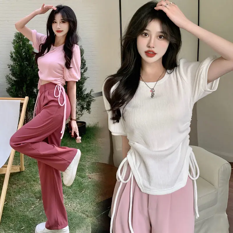 Spicy Girl Set Women's Slimming Short Sleeve T-Shirt High Waist Wide Leg Pants Long Pants Two Piece Set Summer Casual Sportswear
Spicy Girl Set Women's Slimming Short Sleeve T-Shirt High Waist Wide Leg Pants Long Pants Two Piece Set Summer Casual Sportswear