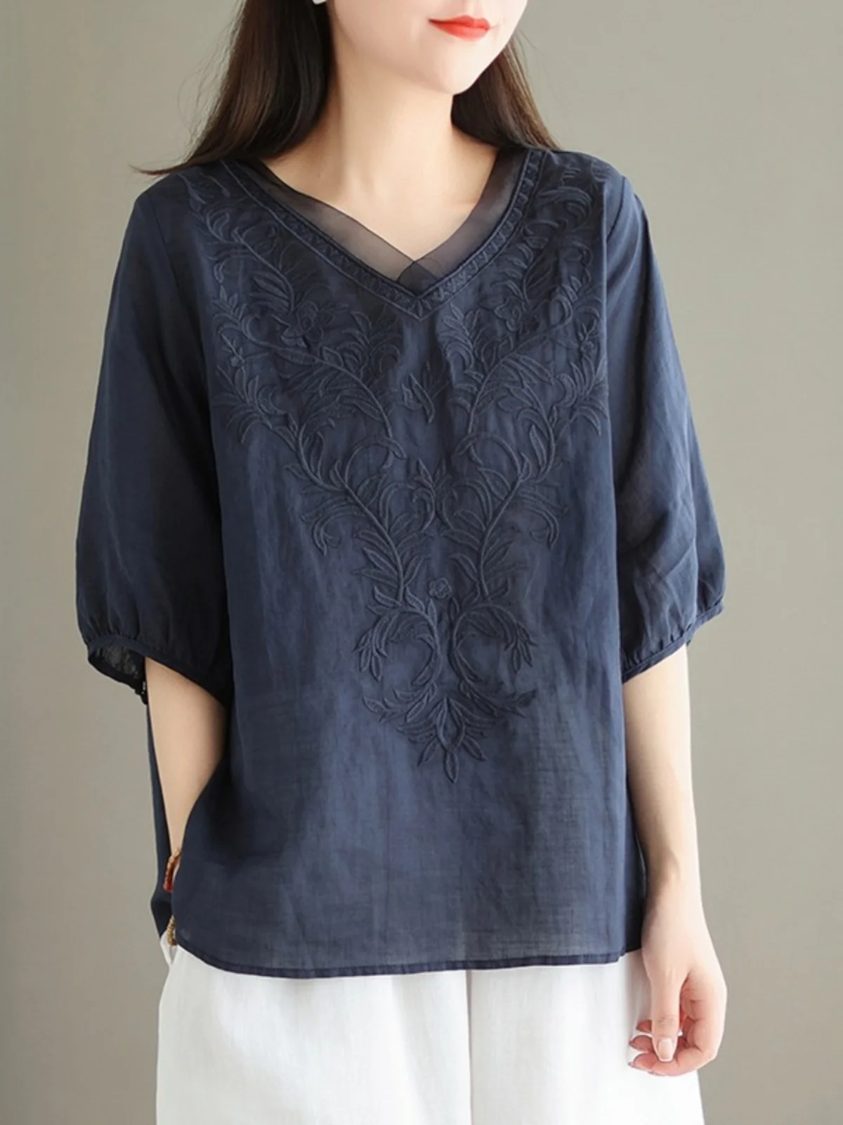 Casual Lightweight Silk irt Women's V-Ne Heavy Embroidery Versatile Summer Top Loose Fit Commute Sle
Casual Lightweight Silk irt Women's V-Ne Heavy Embroidery Versatile Summer Top Loose Fit Commute Sle