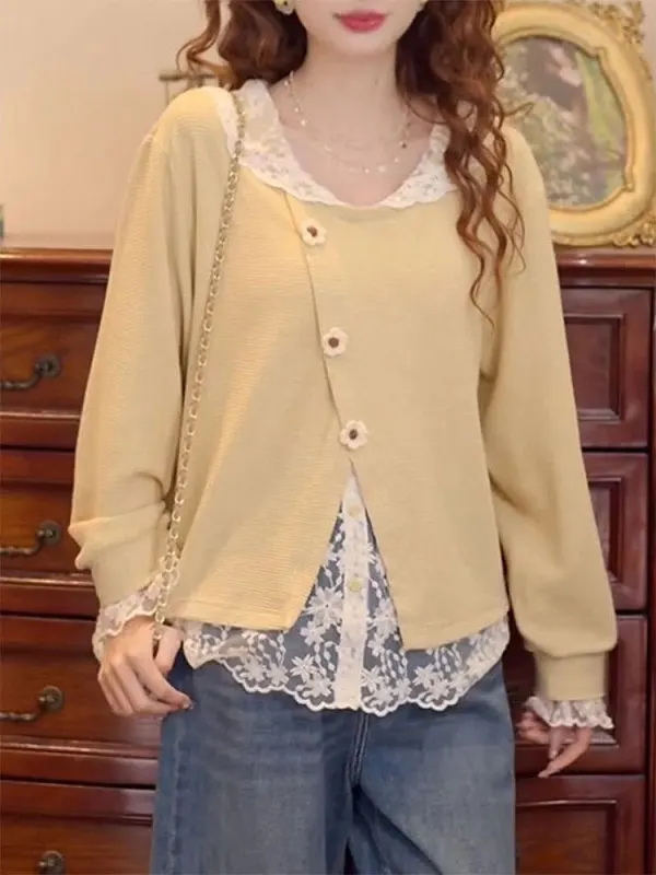 plus Size 300 Pou Korean Sle Sweet Lace Splice Knitted Top Women's Autumn Winter Loose irt T-irt Button up Long Sve
plus Size 300 Pou Korean Sle Sweet Lace Splice Knitted Top Women's Autumn Winter Loose irt T-irt Button up Long Sve