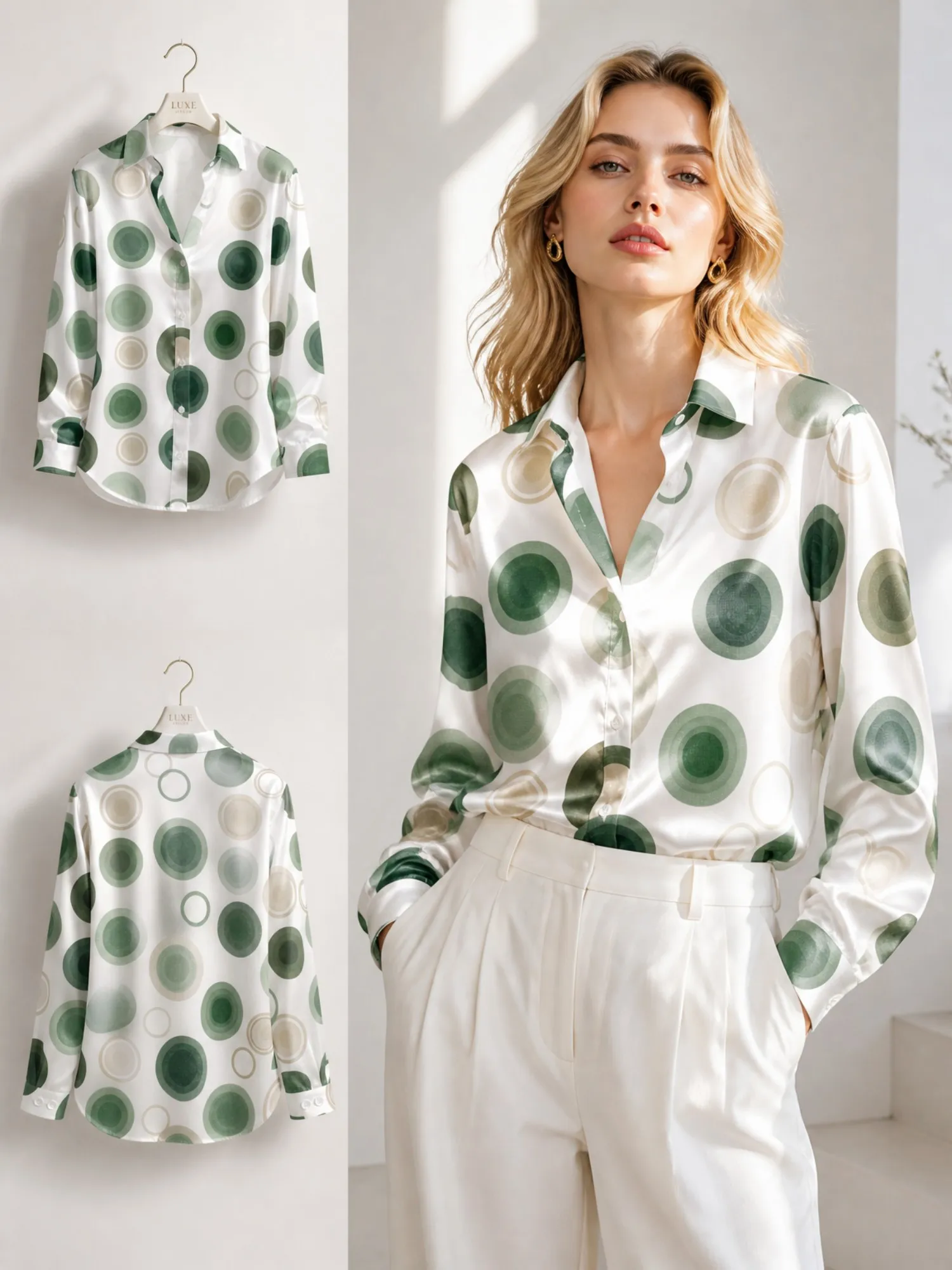 White Green Circle Satin Blouse for Women Long Sleeve Button Down Shirt Modern Geometric Office Casual Elegant Silky Fashion Top
White Green Circle Satin Blouse for Women Long Sleeve Button Down Shirt Modern Geometric Office Casual Elegant Silky Fashion Top