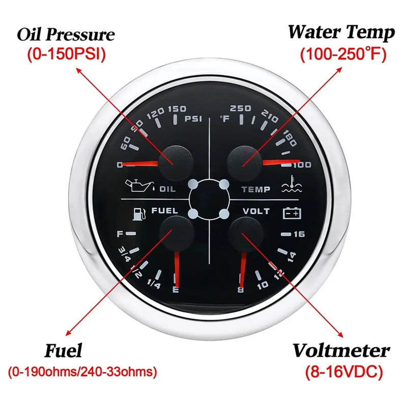 A80X-85Mm 4-In-1 Multifunction Gauge With 0-190Ohms/240-33Ohms Fuel Level Gauge Water Temp Oil Press Voltmeter
A80X-85Mm 4-In-1 Multifunction Gauge With 0-190Ohms/240-33Ohms Fuel Level Gauge Water Temp Oil Press Voltmeter