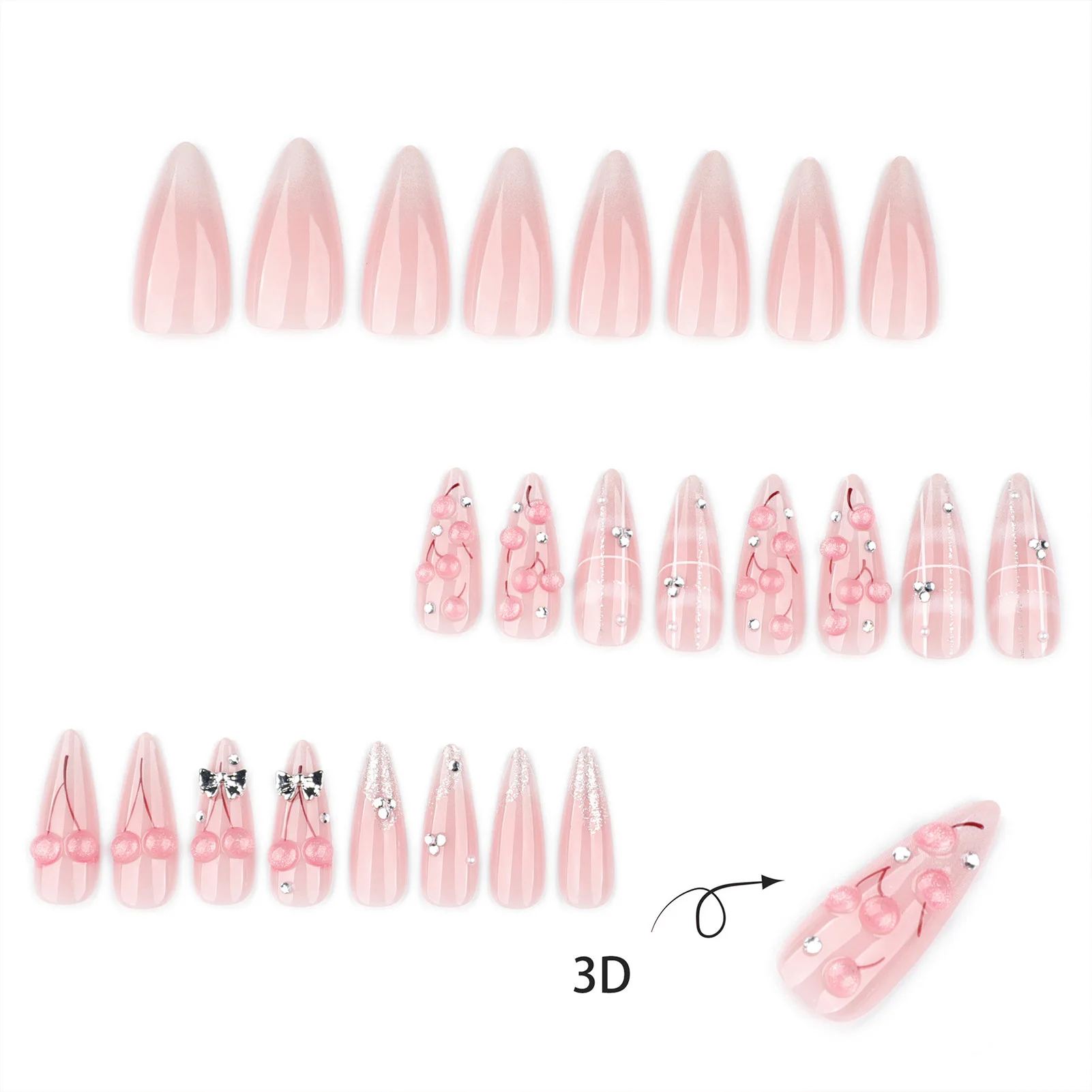 24pcs Glossy Pink Cat's Eye Press On Nails Sweet 3D Cherry Silver Bowknots Designs False Nails Korean Style Spring Fake Nail
24pcs Glossy Pink Cat's Eye Press On Nails Sweet 3D Cherry Silver Bowknots Designs False Nails Korean Style Spring Fake Nail