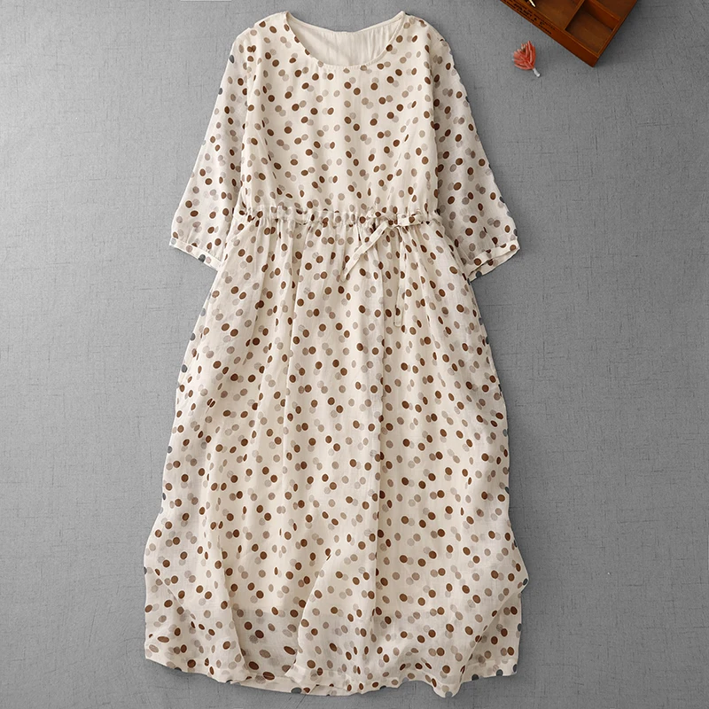 2025 Summer New Cotton Linen Polka Dots Print Loose Long Dress Oversize 
2025 Summer New Cotton Linen Polka Dots Print Loose Long Dress Oversize