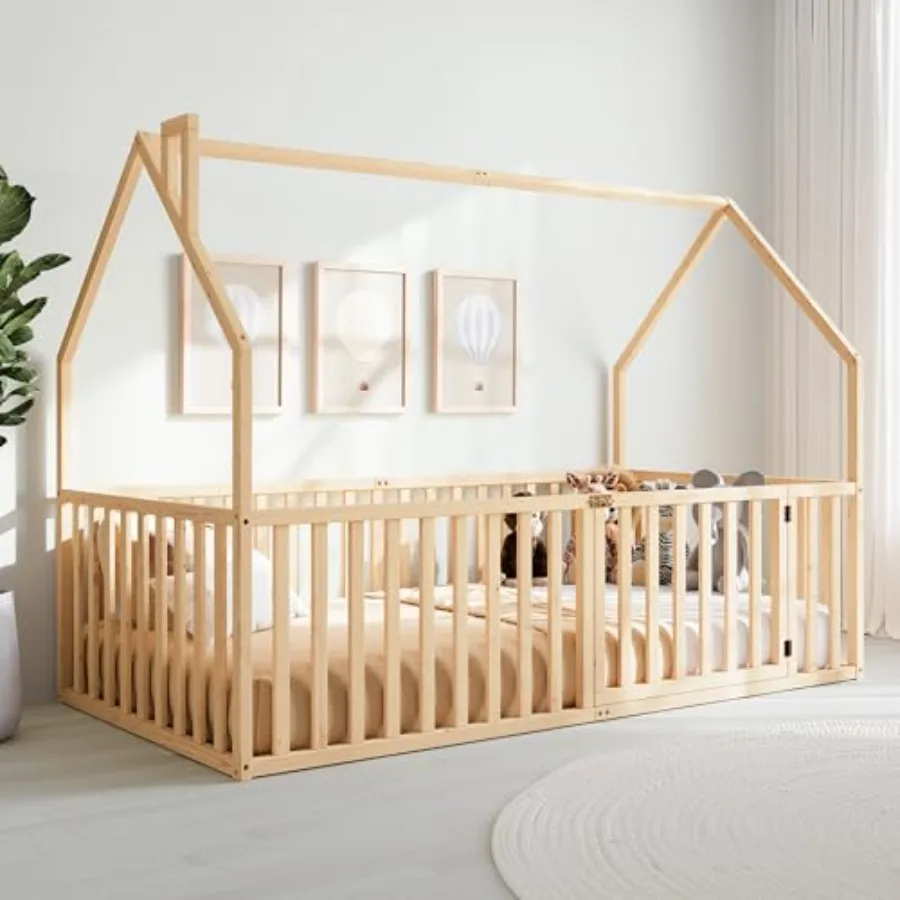 House Gated Floor Bed Twin Size 100 Pinewood Montessori Floor Bed in Natural Wood Color with Safety Enclosure for Sleep Play, I
House Gated Floor Bed Twin Size 100 Pinewood Montessori Floor Bed in Natural Wood Color with Safety Enclosure for Sleep Play, I