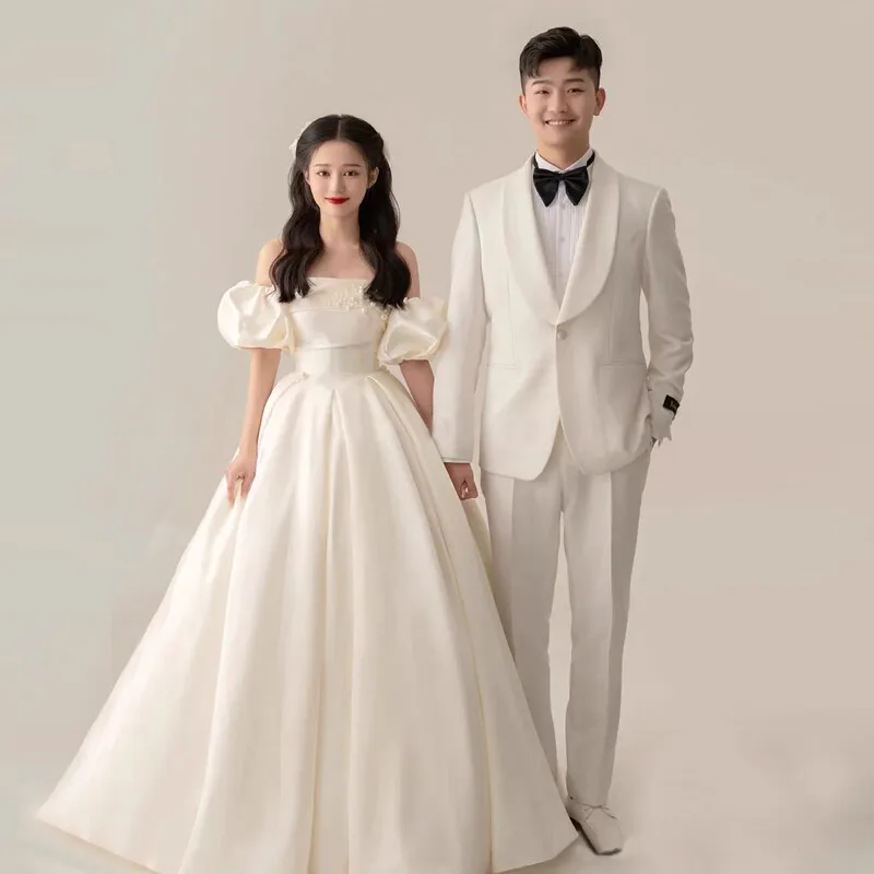 Elegant Puff Sleeves Satin Pearl Wedding Dresses Simple Off Shoulder Bridal Gowns Pearl White Backless Formal Dress Women
Elegant Puff Sleeves Satin Pearl Wedding Dresses Simple Off Shoulder Bridal Gowns Pearl White Backless Formal Dress Women