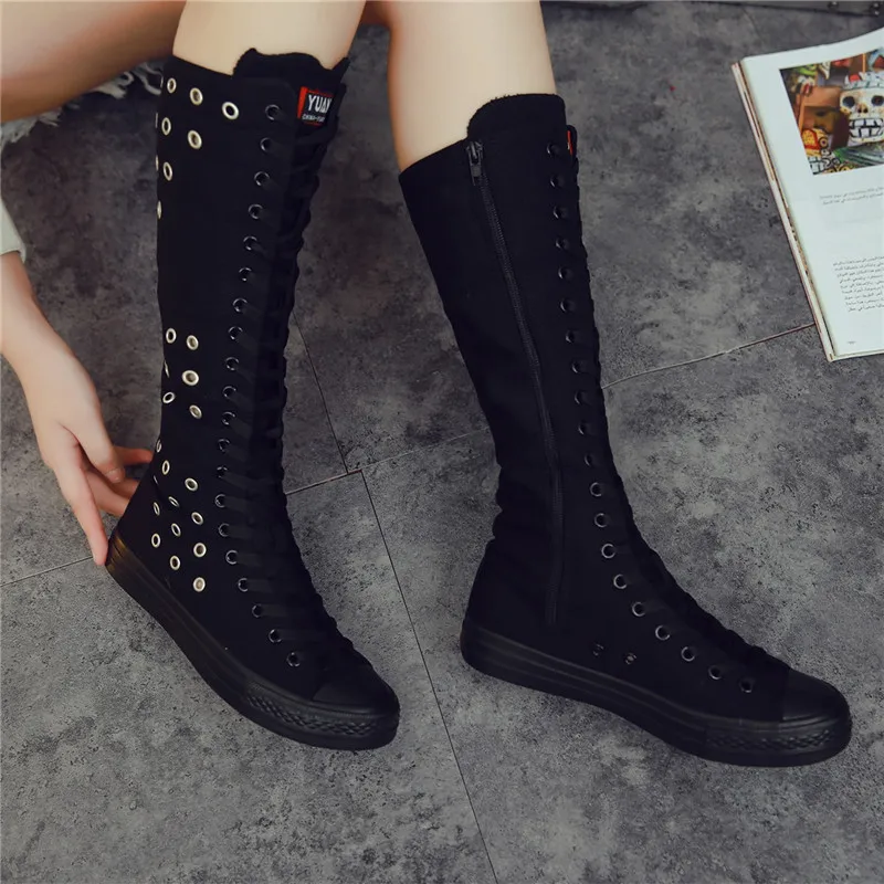 Spring and summer new long lace-up side zipper knee-high boots casual flat inner heightening large-size rivet canvas women shoes 
Spring and summer new long lace-up side zipper knee-high boots casual flat inner heightening large-size rivet canvas women shoes