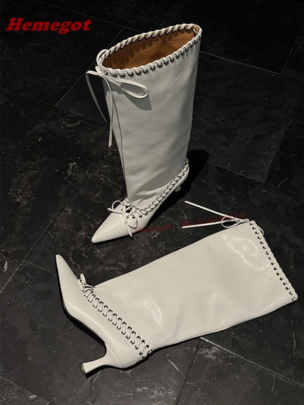 White Sewing Patchwork Knee High Boots Lace-Up Pointy Toe Kitten Heels Women's Long Boots Solid Leather Runway Shoes Luxury
White Sewing Patchwork Knee High Boots Lace-Up Pointy Toe Kitten Heels Women's Long Boots Solid Leather Runway Shoes Luxury